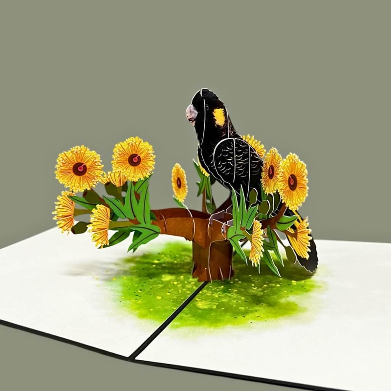 Yellow Tailed Black Cockatoo On Gold Gum Blossom 3D Card