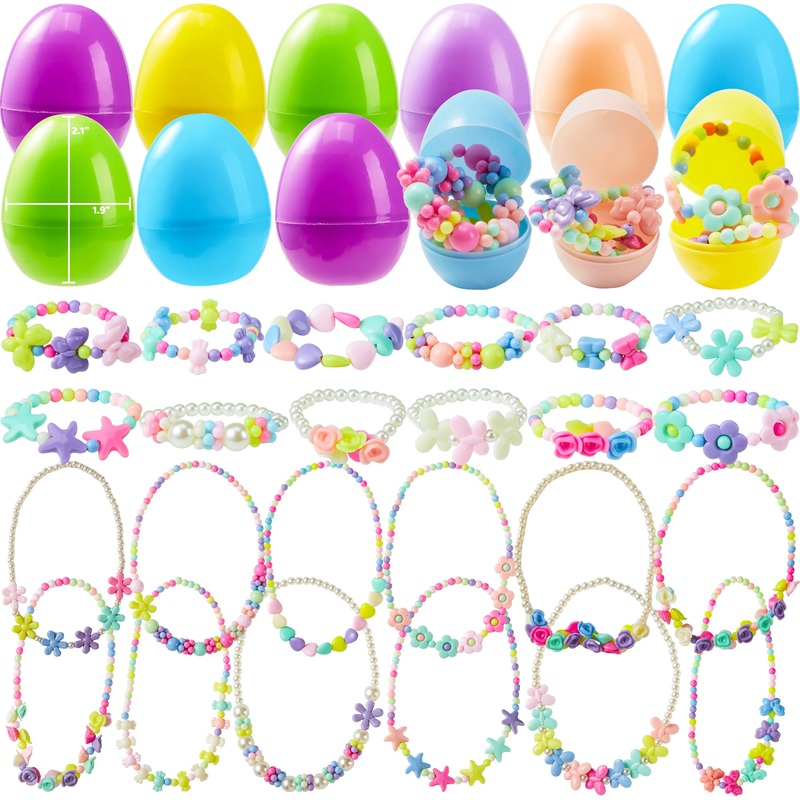 12Pcs 2.1in Prefilled Easter Eggs with 12+12 Different Designs of Necklaces and Bracelets for Easter Egg Hunt