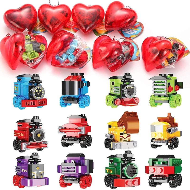 24Pcs Prefilled Hearts with Train Building Blocks and Valentines Day Cards for Kids-Classroom Exchange Gifts
