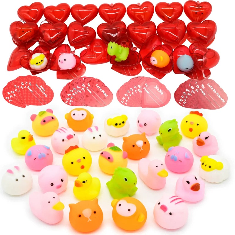 28Pcs Bath Toy Filled Hearts Set with Valentines Day Cards for Kids-Classroom Exchange Gifts