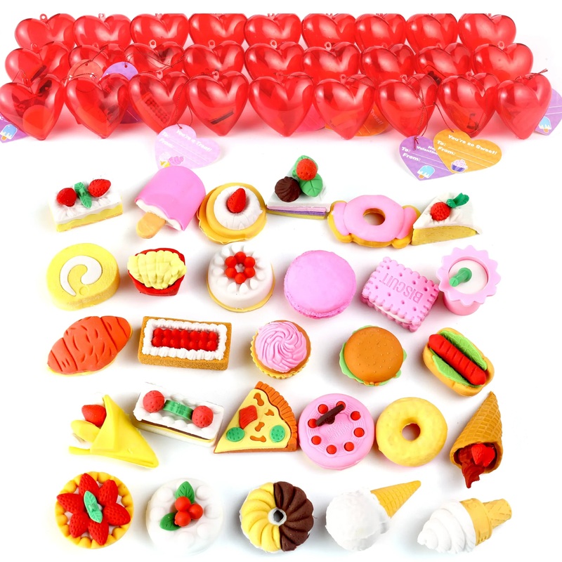 28Pcs Food Erasers Filled Hearts with Valentines Day Cards for Kids-Classroom Exchange Gifts