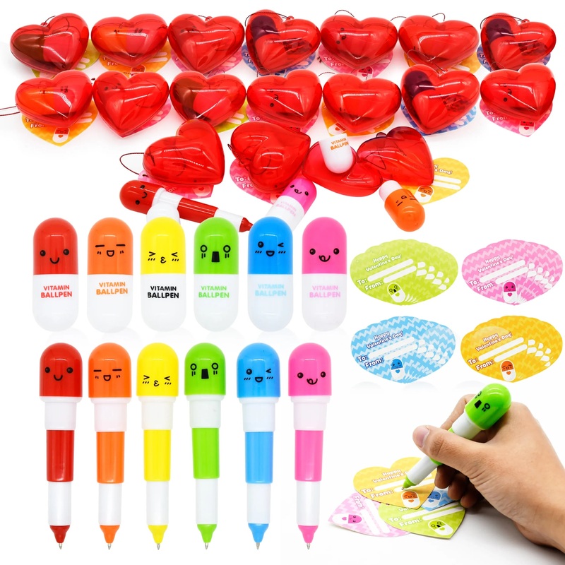 28Pcs Pill Shaped Pen Filled Hearts Set with Valentines Day Cards for Kids-Classroom Exchange Gifts