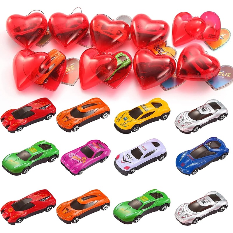28Pcs Prefilled Hearts with Die-cast Cars and Valentines Day Cards for Kids-Classroom Exchange Gifts