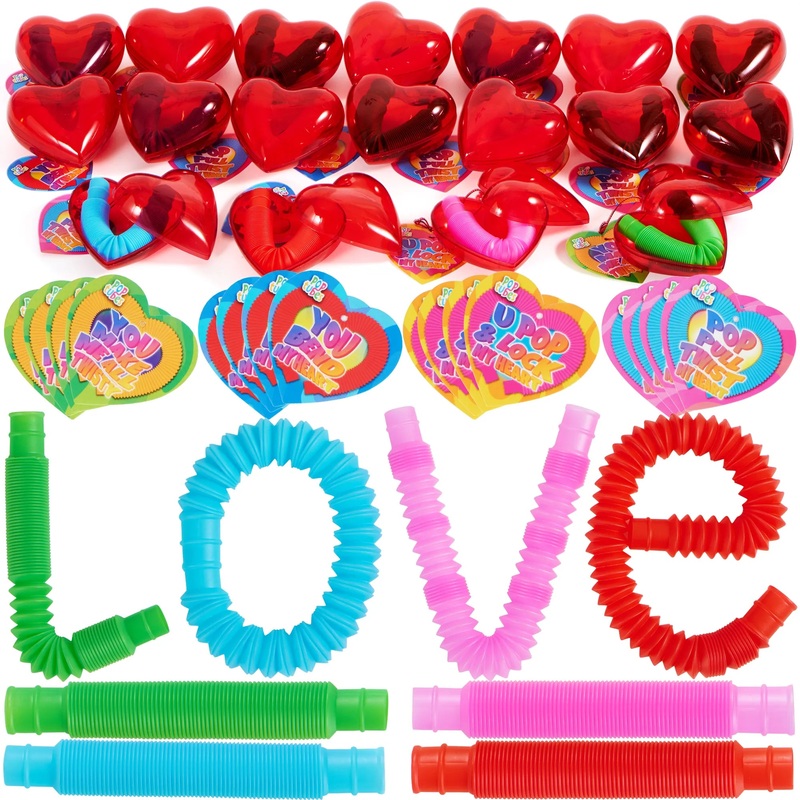 28Pcs push bubble Tubes Heart Shell Filled Hearts with Valentines Day Cards for Kids-Classroom Exchange Gifts