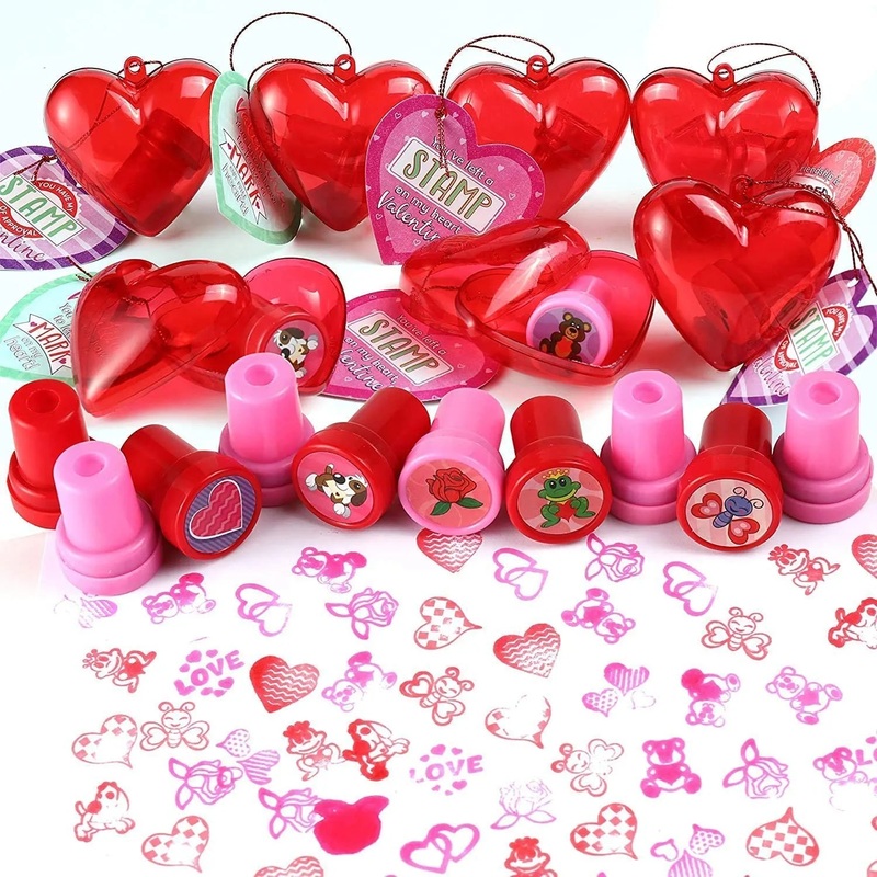 28Pcs Stampers Set Filled Hearts with Valentines Day Cards for Kids-Classroom Exchange Gifts