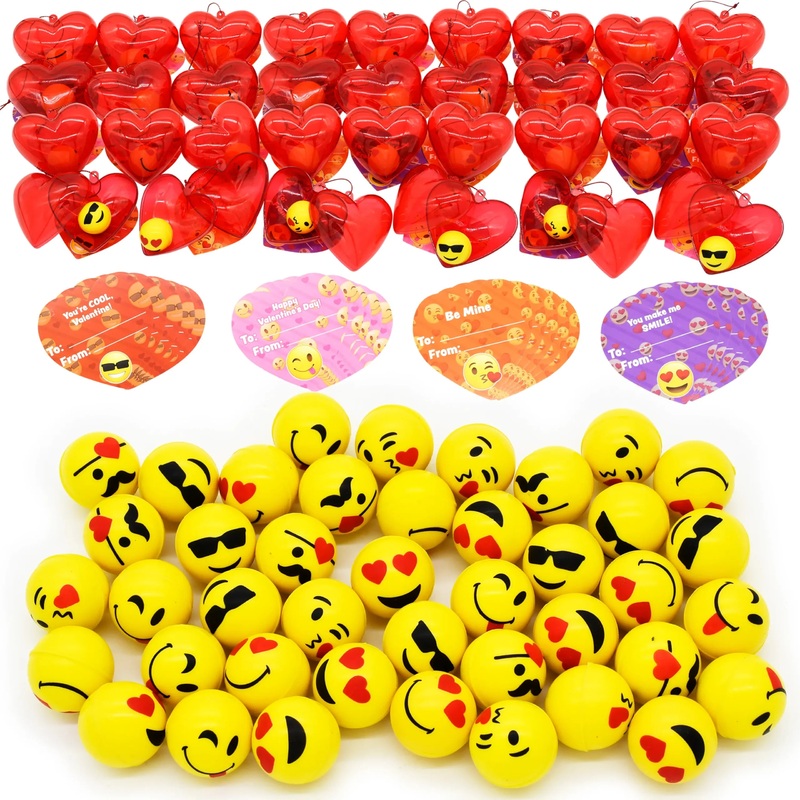 30Pcs Iconic Expression Bouncy Ball Filled Hearts Set with Valentines Day Cards for Kids-Classroom Exchange Gifts