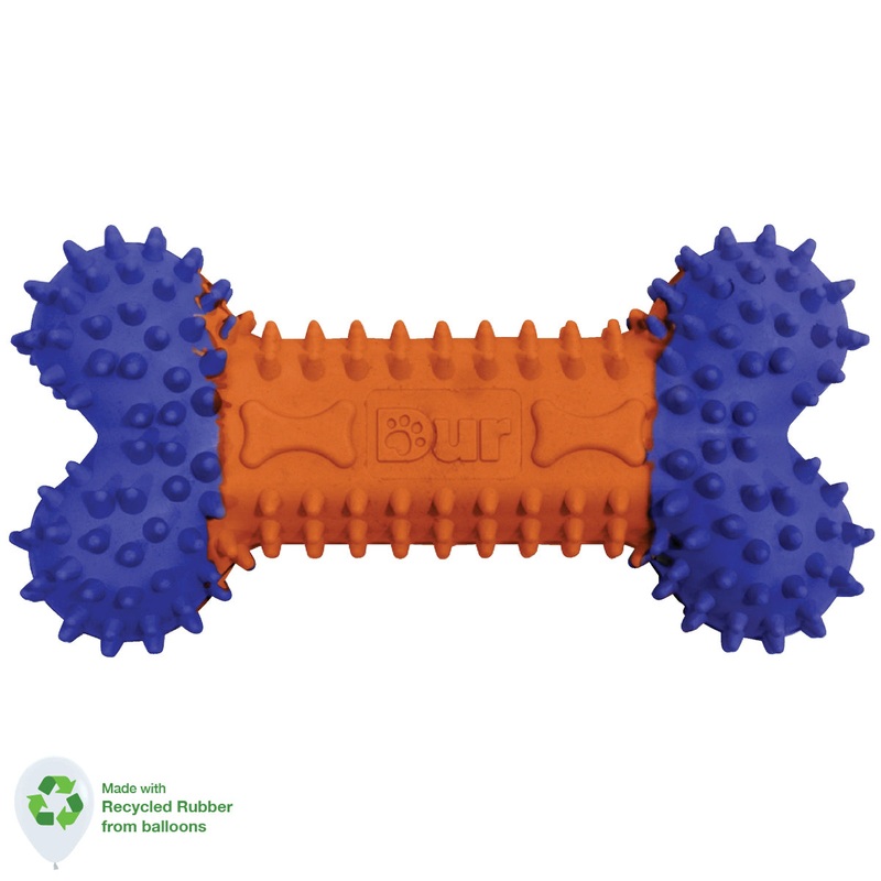 DUR DOG TOYS - SMALL BONE IN ORANGE & BLUE - CREATED FROM RECYCLED BALLOONS