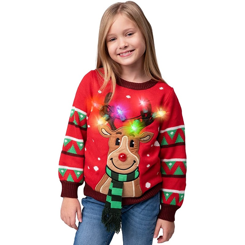 Kids LED Light Up Red Christmas Sweater Reindeer