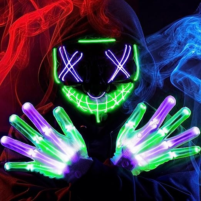 LED Multi Color Scary Mask And Gloves, (green&purple)