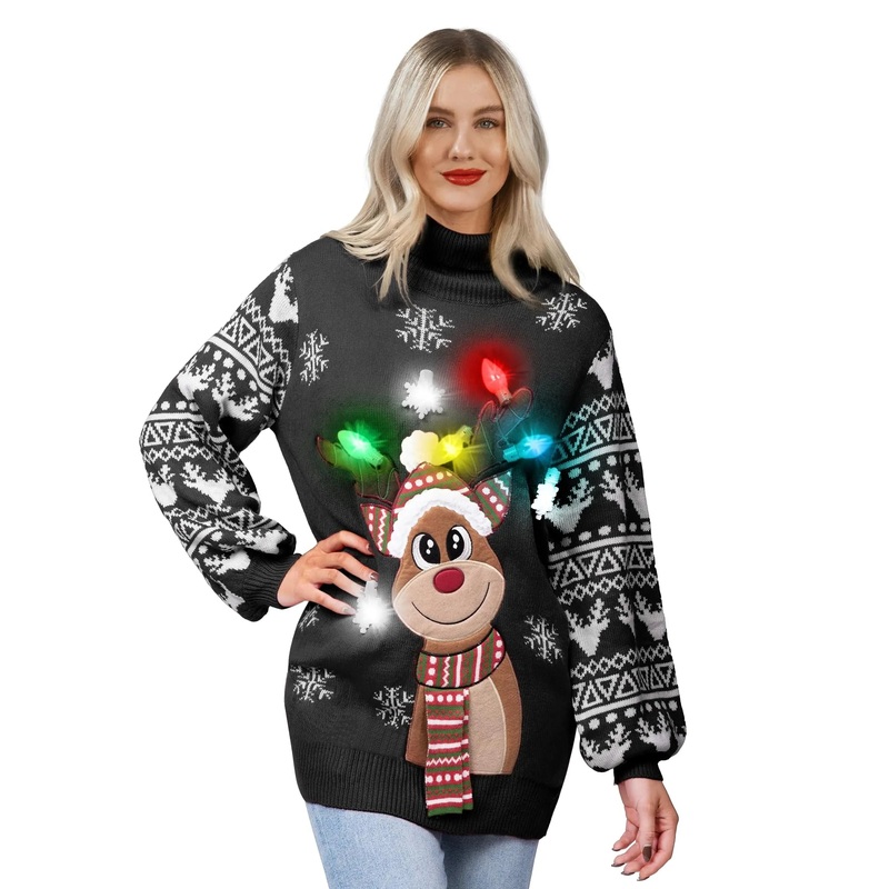 Womens Christmas Reindeer Ugly Long Sweater LED Light Up Sweater