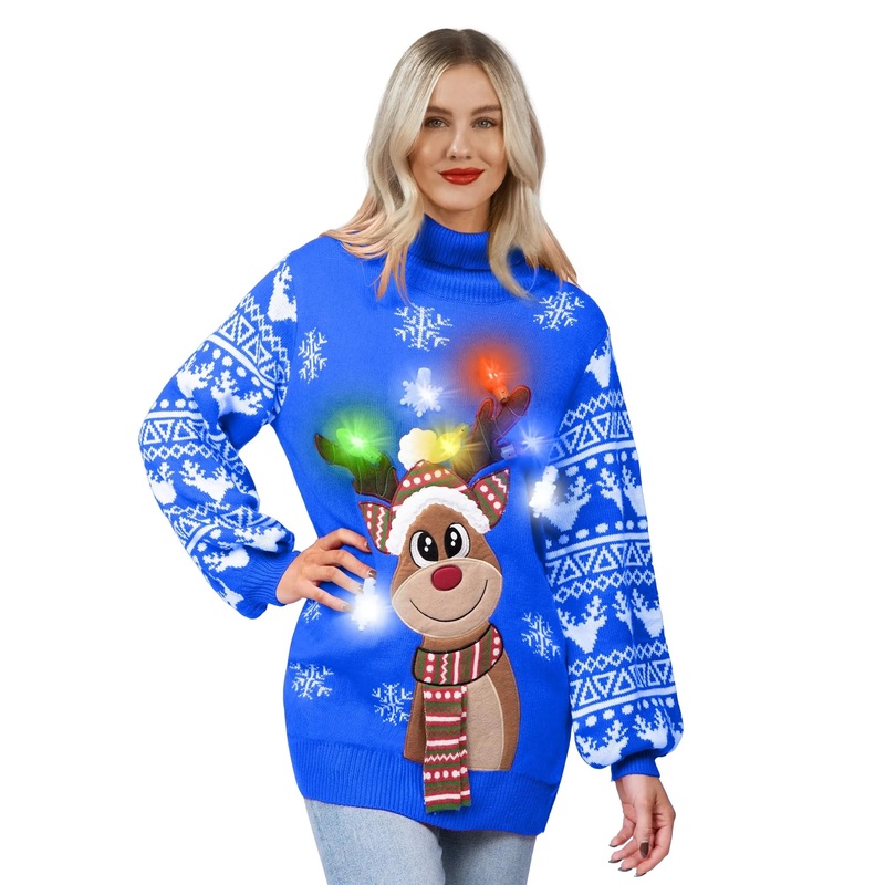 Womens Christmas Reindeer Ugly Long Sweater LED Light Up Xmas Sweater