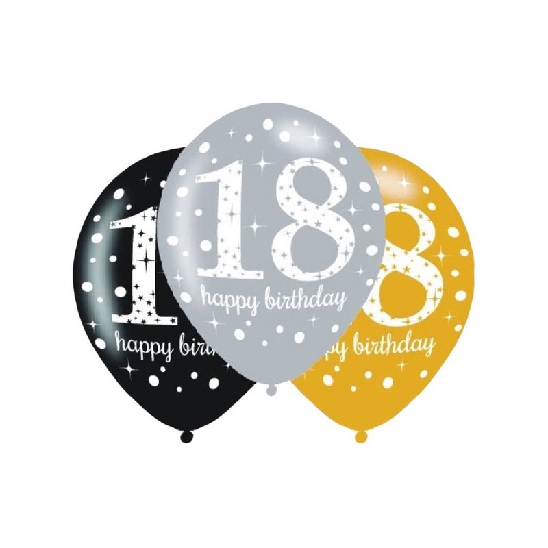18th Birthday Black and Gold 6 Pack 30cm Latex Balloons