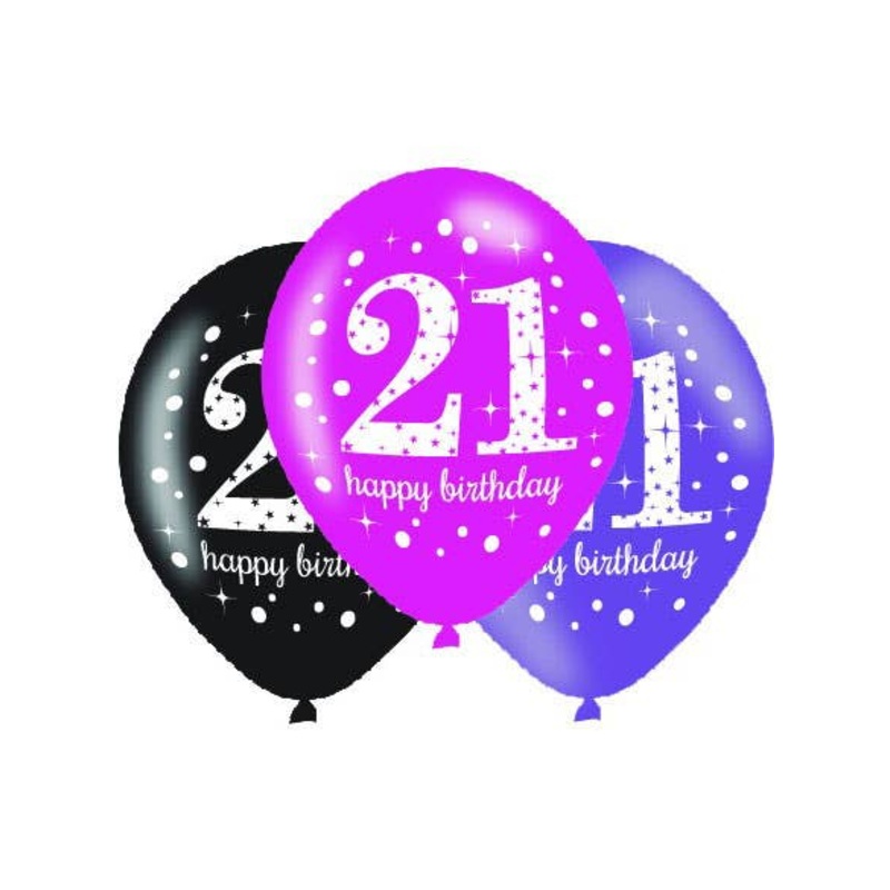 21st Birthday Pink and Black 6 Pack 30cm Latex Balloons