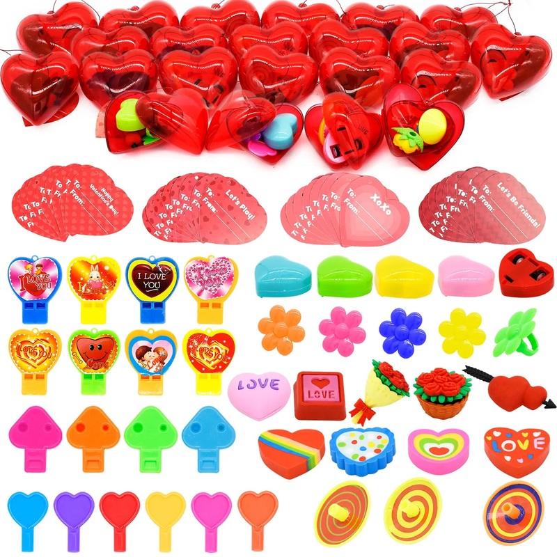 24Pcs Theme Filled Hearts with Valentines Day Cards for Kids-Classroom Exchange Gifts