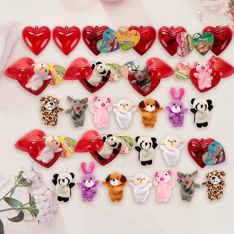 28Pcs Prefilled Hearts with Finger Puppets and Valentines Day Cards for Kids-Classroom Exchange Gifts