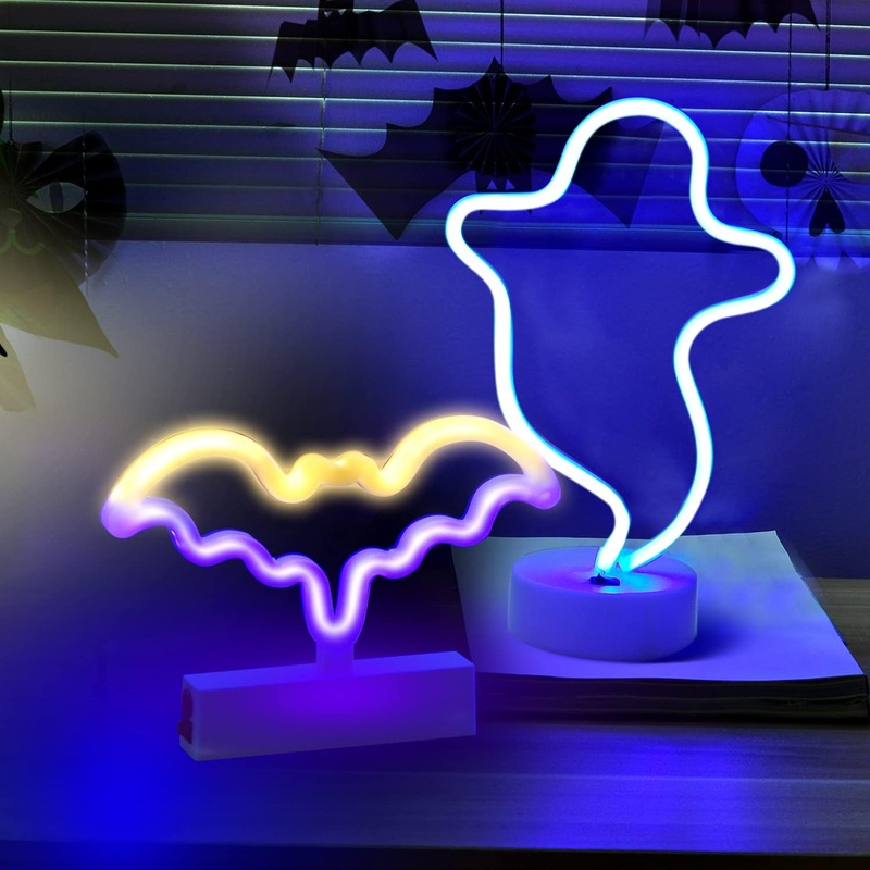 2Pcs LED Ghost & Bat Halloween Neon Sign Lights