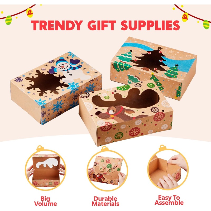 36 Pcs Foiled Kraft Christmas Cookie Boxes with Window 8.5" x 5.75" x 2.75"