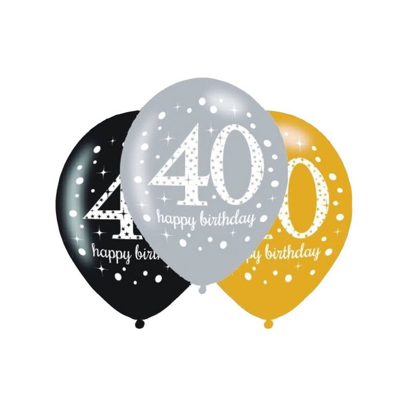 40th Birthday Black and Gold 6 Pack 30cm Latex Balloons