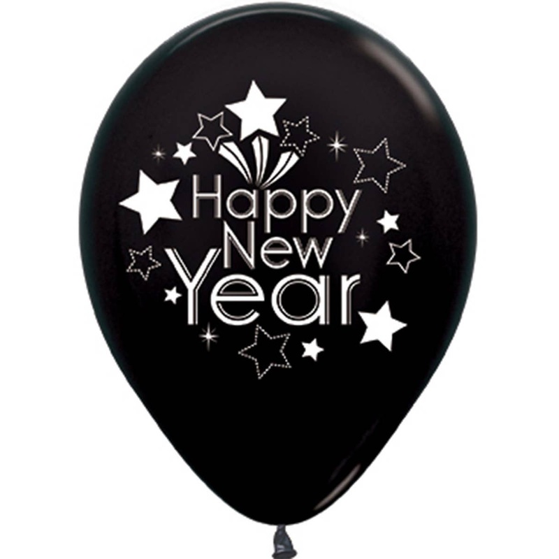 Happy New Years 6 Pack 30cm Black Latex Balloons