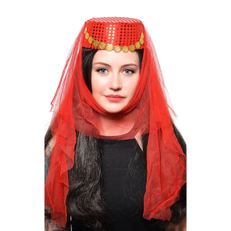 Harem Womens Red Veiled Costume Hat