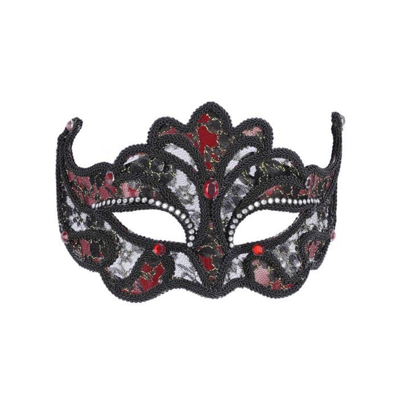 Jewelled Red and Black Lace Masquerade Mask on Headband