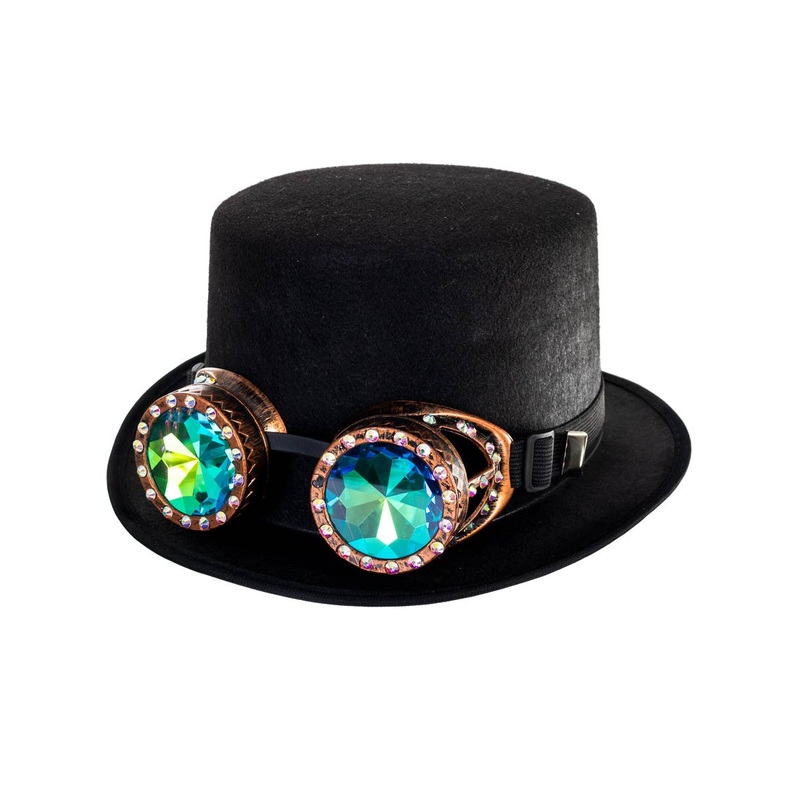 Steampunk Black Top Hat with Jewelled Brass Goggles