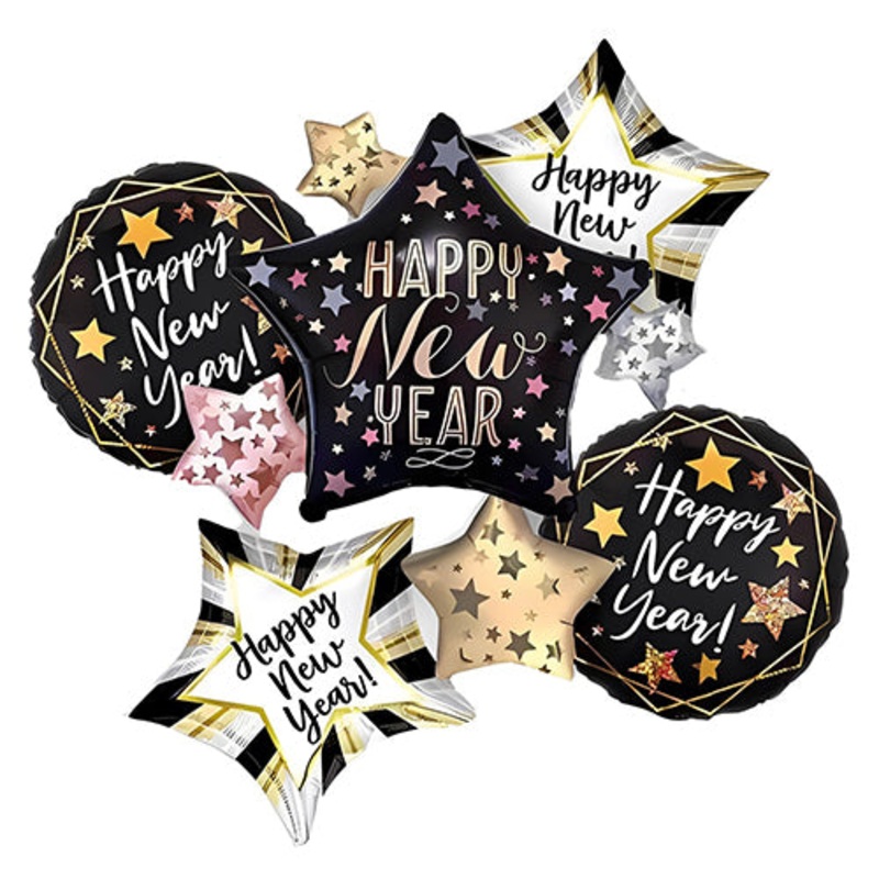 Happy New Year THREE STARS 5-in-1 Foil Balloons Set [Available as Un-inflated in a pack and with Helium Inflated options]