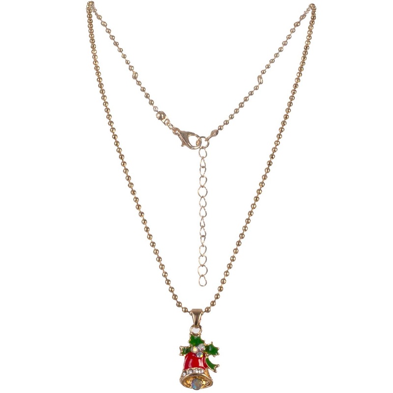 Jewelled Red and Green Christmas Bell Pendant on Gold Bead Necklace