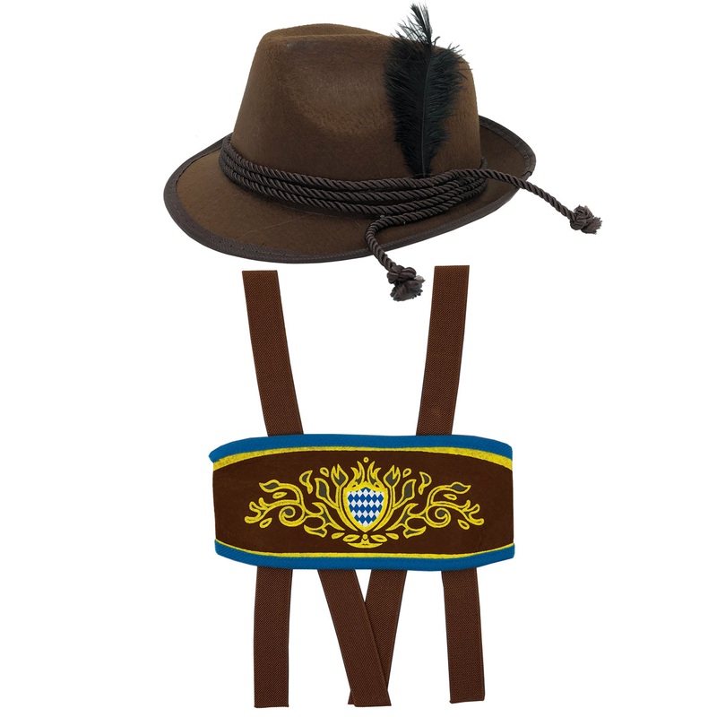 Lederhosen Mens Brown Oktoberfest Hat And Suspenders Costume Set