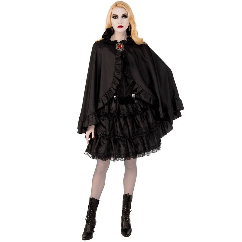 Ruffled Black Satin Womens Halloween Costume Cape