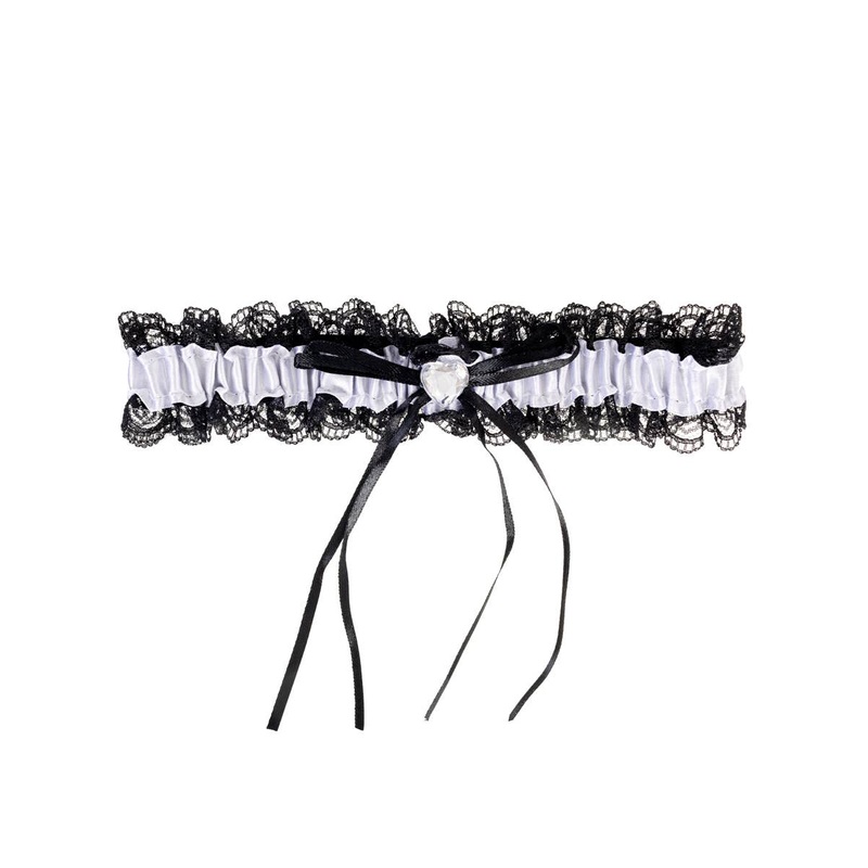 Ruffled White and Black Lace Garter Accessory with White Jewel