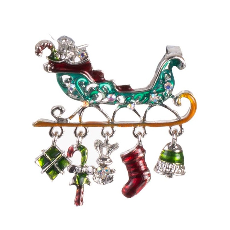 Sleigh with Christmas Icons Jewelled Enamel Christmas Brooch