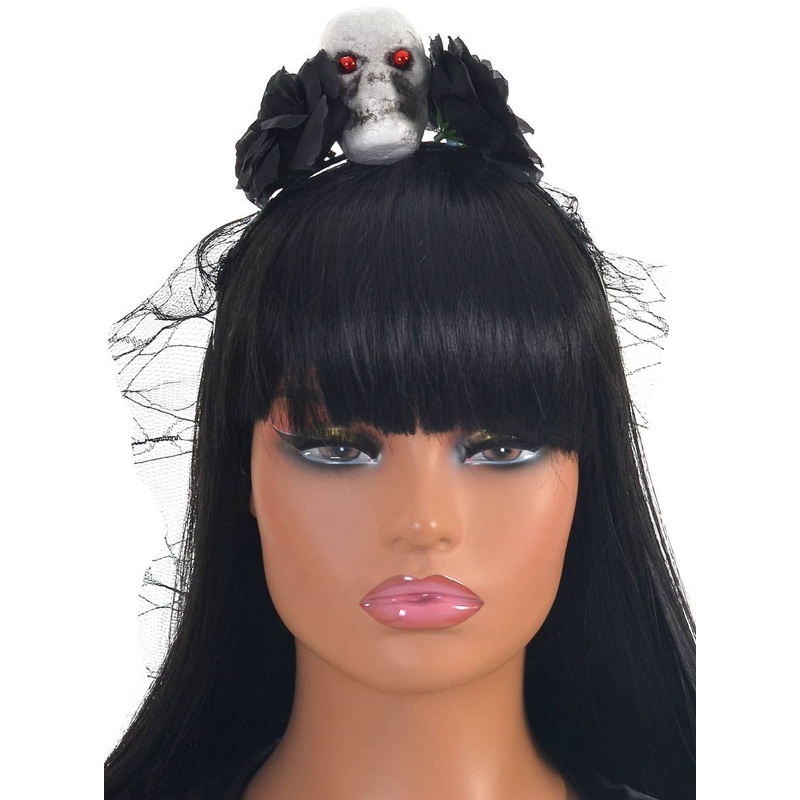 Veiled Black Rose and Skull Halloween Costume Headband
