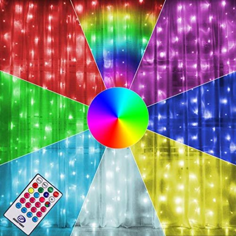 300 LED Window Curtain Lights, Christmas Rainbow RGB Color Changing 64 Functional Backdrop Light with Remote