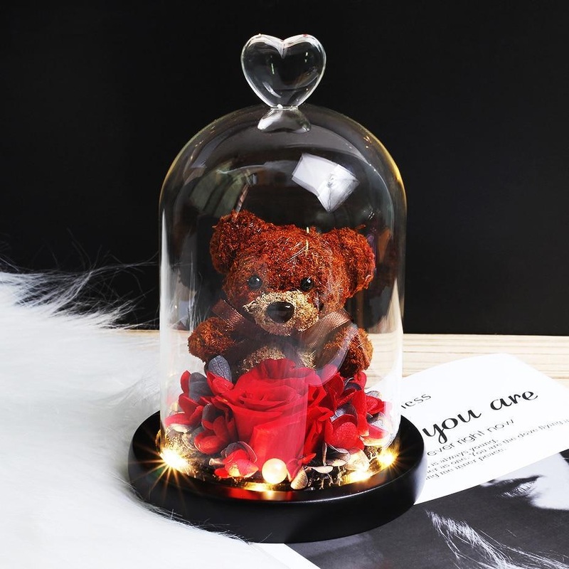 Eternal Preserved Fresh Rose Lovely Teddy Bear Molding Led Light In A Flask Immortal Rose Valentine's Day Mother's Day Gifts