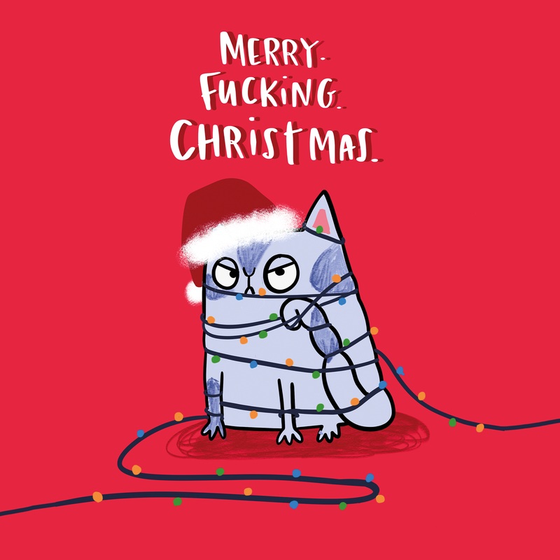 Grumpy Cat And Tangled Lights Christmas Card