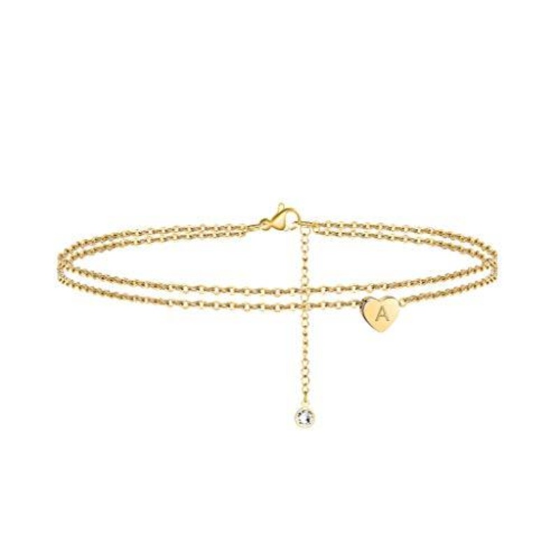 Heart Initial Anklet Bracelet for Women, 14K Gold Filled Layered Ankle Bracelet Summer