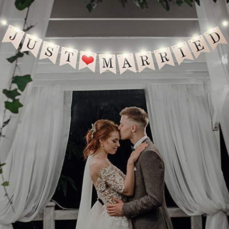 Just Married Banner, Wedding Bunting Banner with LED Fairy String Light, Hanging Sign Garland Pennant Photo Booth Props