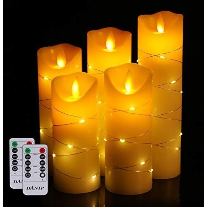 LED flameless Candle with Embedded Starlight String, 5-Piece LED Candle, with 10-Key Remote Control, 24-Hour Timer Function, Dancing Flame