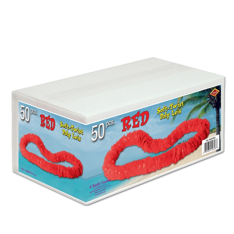 Luau Red Party Soft-Twist Poly Leis with Labeled Box (One Box of 50)
