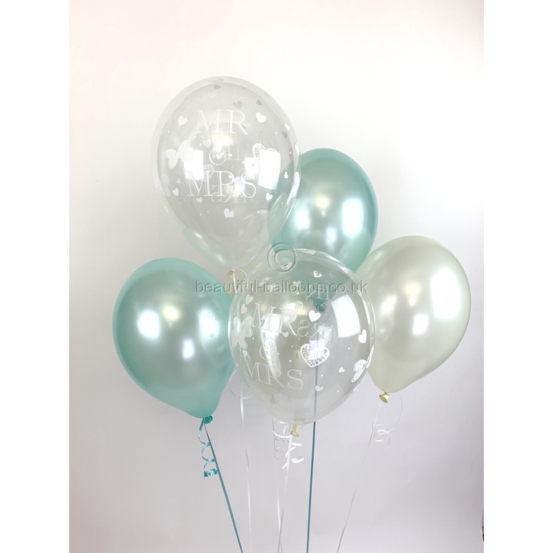 Mr & Mrs Pearlised Balloons, Aqua & Ivory Wedding (Helium Quality)UNFILLED