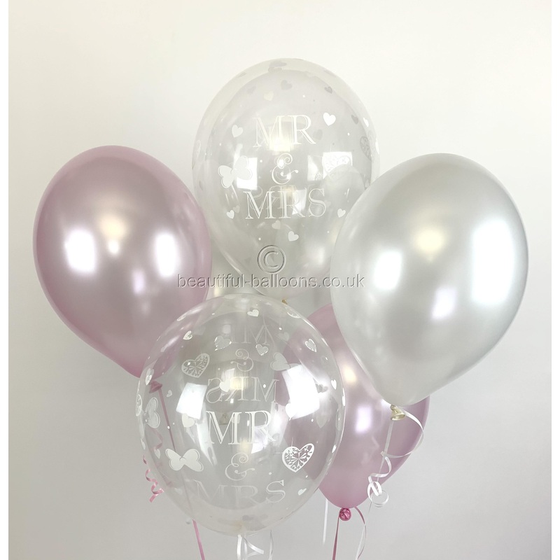 Mr & Mrs Pearlised Balloons, Pale Pink & White Wedding (Helium Quality)UNFILLED