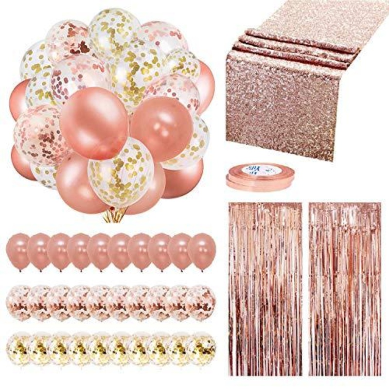 Rose Gold Balloons Party Decorations Supplies Set 35 Pack Include 30 Balloons, 2 Foil Fringe Curtains, 1 Rose Gold Sequin Table Runner, 2 Foil Ribbon