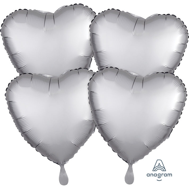 18" Satin Luxe (4 Pack) Platinum Hearts Foil Balloon