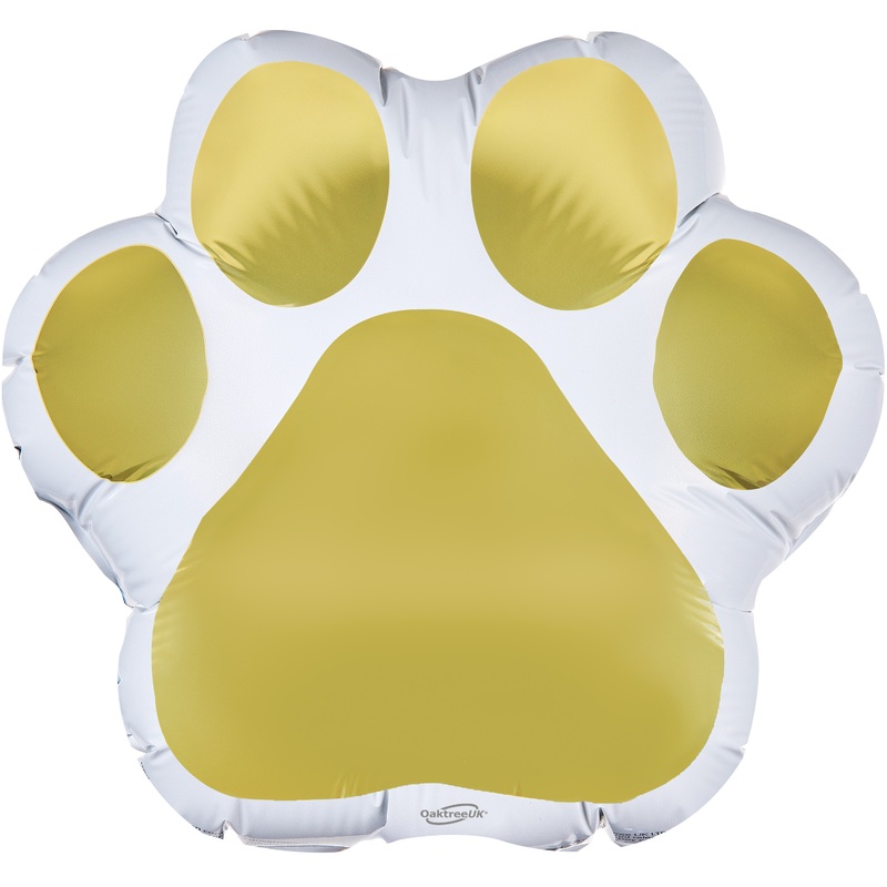 20" Oaktree Brand Paw Print White and Gold Foil Balloon Packaged
