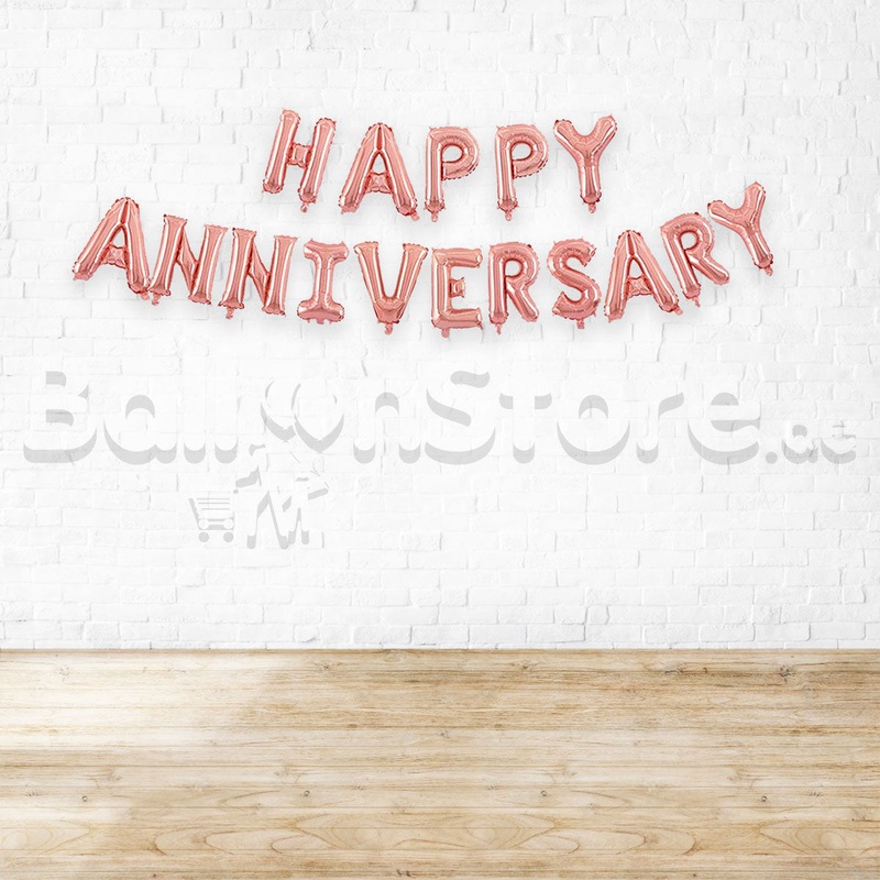 16" HAPPY ANNIVERSARY Alphabet Foil Balloons Banner - ROSEGOLD- Air-Filled - NON FLYING / NO HELIUM