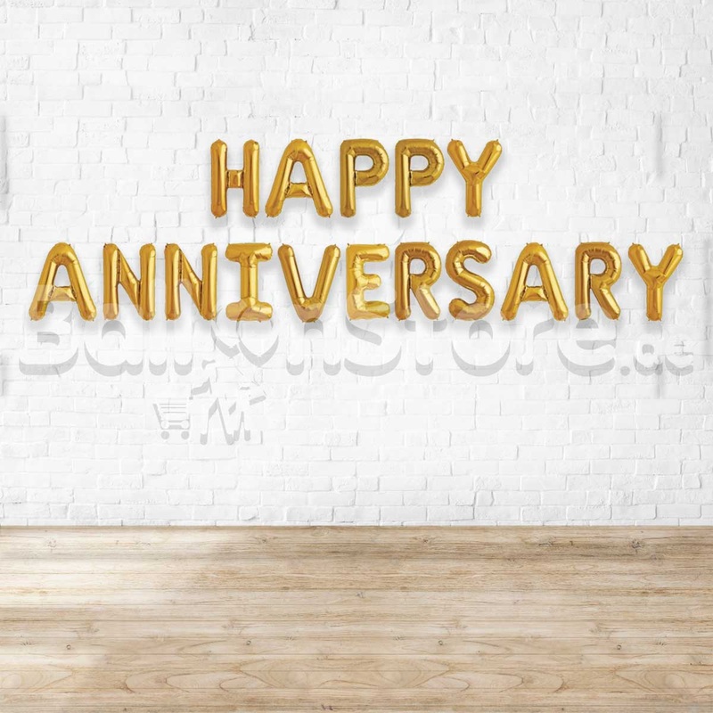GOLD Happy Anniversary  Alphabet Foil Balloons Banner -- Air-Filled - NON FLYING / NO HELIUM