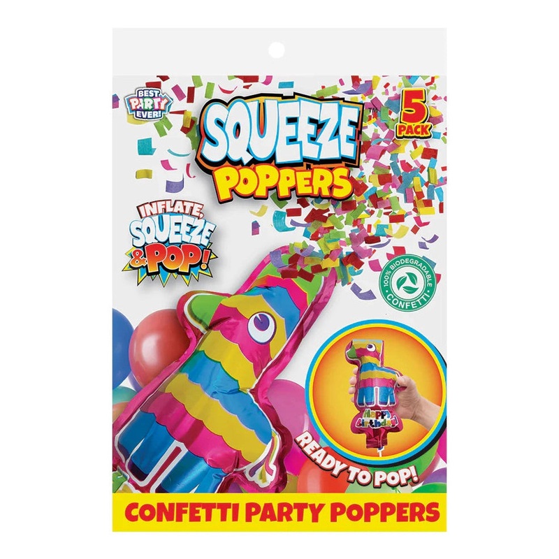 Squeeze Poppers Pinata Confetti Party Poppers, Pack of 5