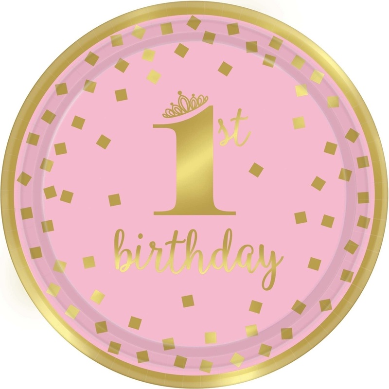 Plates - Metallic, 1st Birthday Girl, Round, 9"