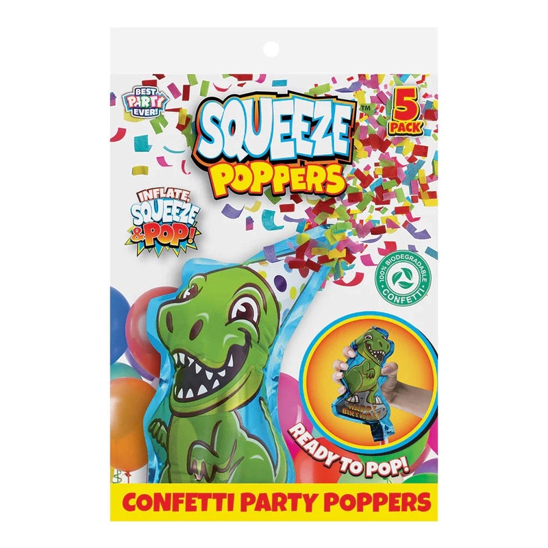 Squeeze Poppers Birthday Dinosaur Confetti Cannon, Pack of 5